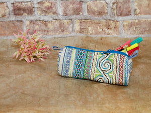 Hmong Pencil Purse w- Full Pattern-blue