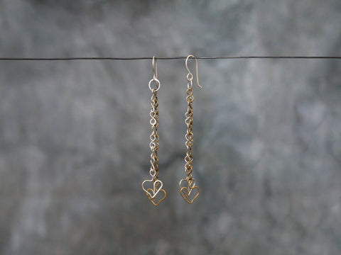 Earrings long Silver& Brass Heart